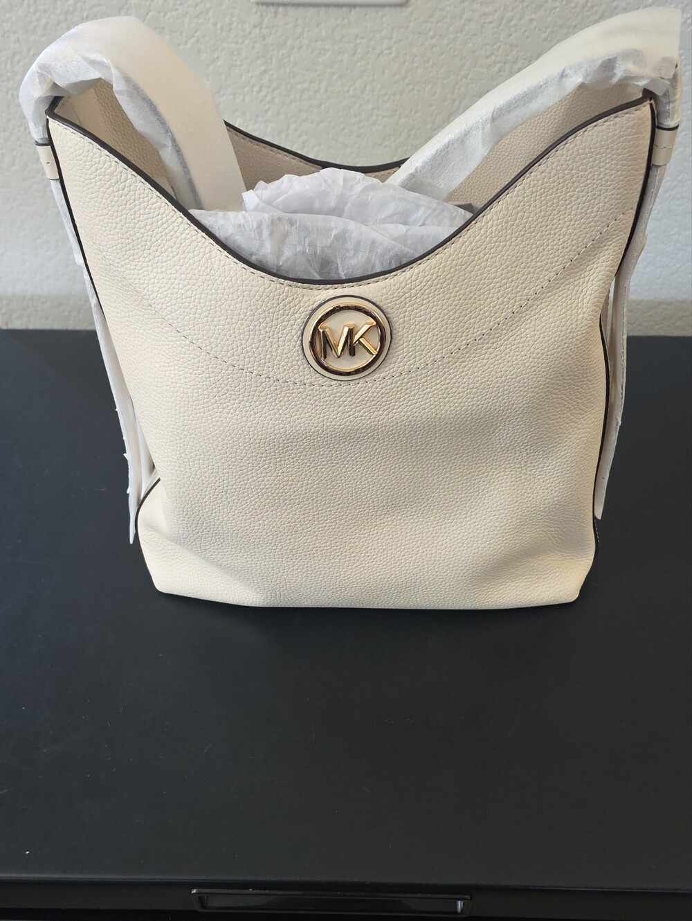 Michael Kors Ivory Pebbled Leather Shoulder Hobo with Gold MK Emblem